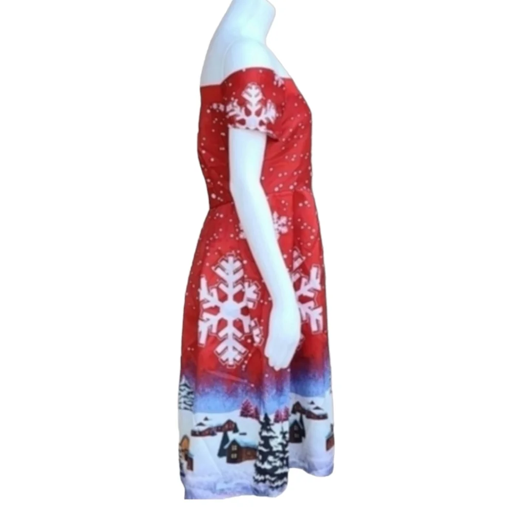 VINTAGE CHRISTMAS HOLIDAY Dress Small 4 6 Rockabilly Pin Up Off Shoulder Festive - Picture 5 of 14